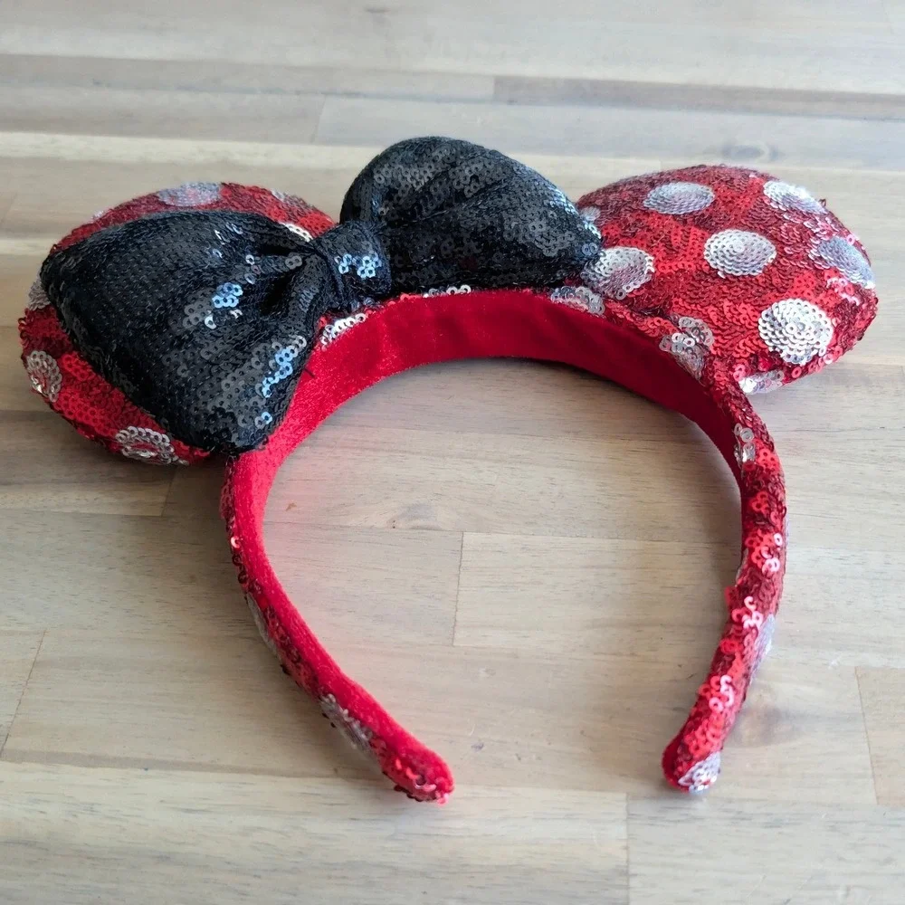 Disney Minnie Mouse Red Silver Polka Dot Sequin Ears Headband Black Bow Kids